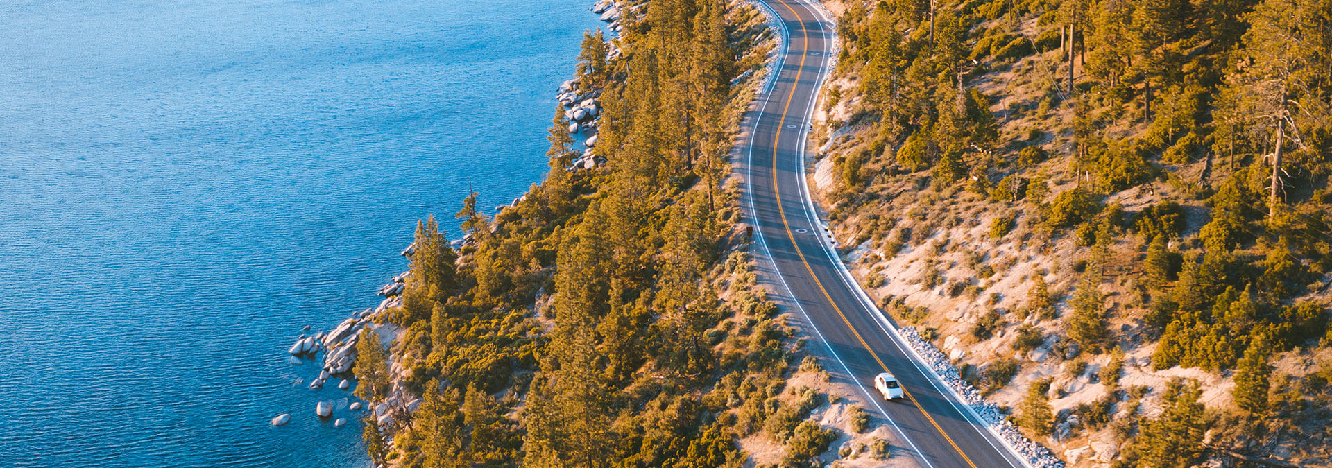 Aerial view of State Route 28 alongside Lake Tahoe