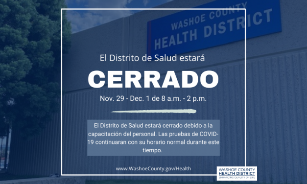 El Distrito de Salud del Condado de Washoe estará cerrado para la capacitación del personal nov. 29-dic. 1 de 8 a.m. – 2 p.m.