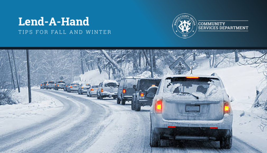 Image of cars on a snowy street. Washoe County Community Services Department Logo.