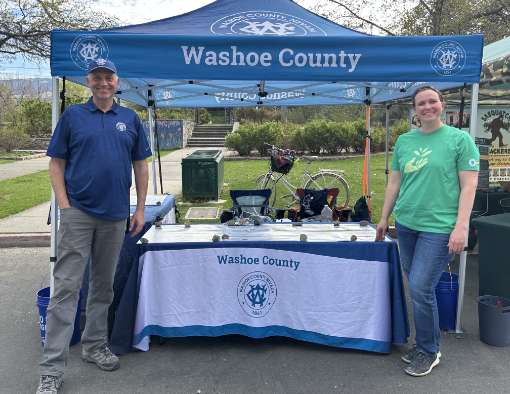 Sustainability Manager Brian Beffort and Fuse Fellow Emily Stapleton at Washoe County's booth at Earth Day.