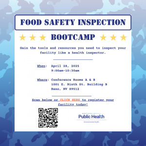 Promotional poster for Food Safety Inspection Bootcamp. The event details include date on April 28 at Conference Rooms A & B, 1001 E. Ninth St., Building B from 9:00am-10:30am. Features a blue splattered background with yellow stars.