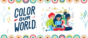 The Color Our World logo decorates the colorful graphic along with an illustration of three children reading and drawing.