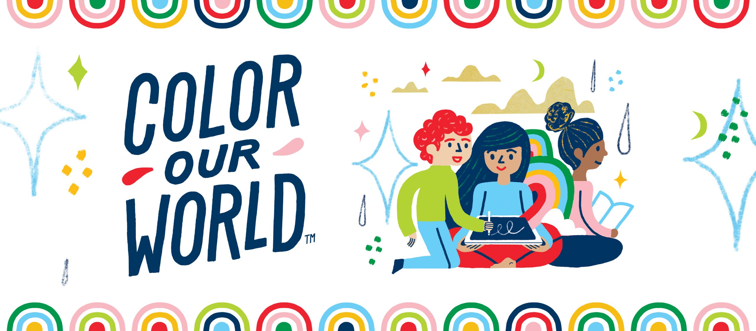 The Color Our World logo decorates the colorful graphic along with an illustration of three children reading and drawing.