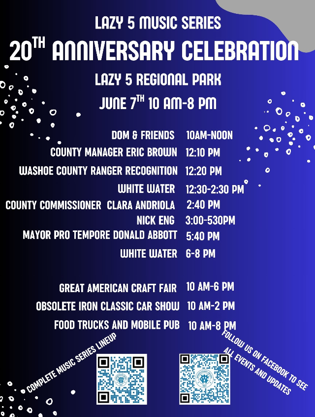 flyer that says Lazy 5's music series 20th anniversary celebration. Lazy 5 Regional Park June 7, 10 a.m. to 8 pm. line up of performers, QR code to scan full schedule of weekly performers.