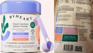 photos of a jar of infant formula, side by side with a photo of the back of a baby formula packet.