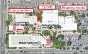 Map showing parking lots and entrance for flu vaccine clinic.