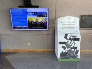 A Redwood Materials SMART lithium-battery recycling bin in the lobby of Washoe County administrative complex.