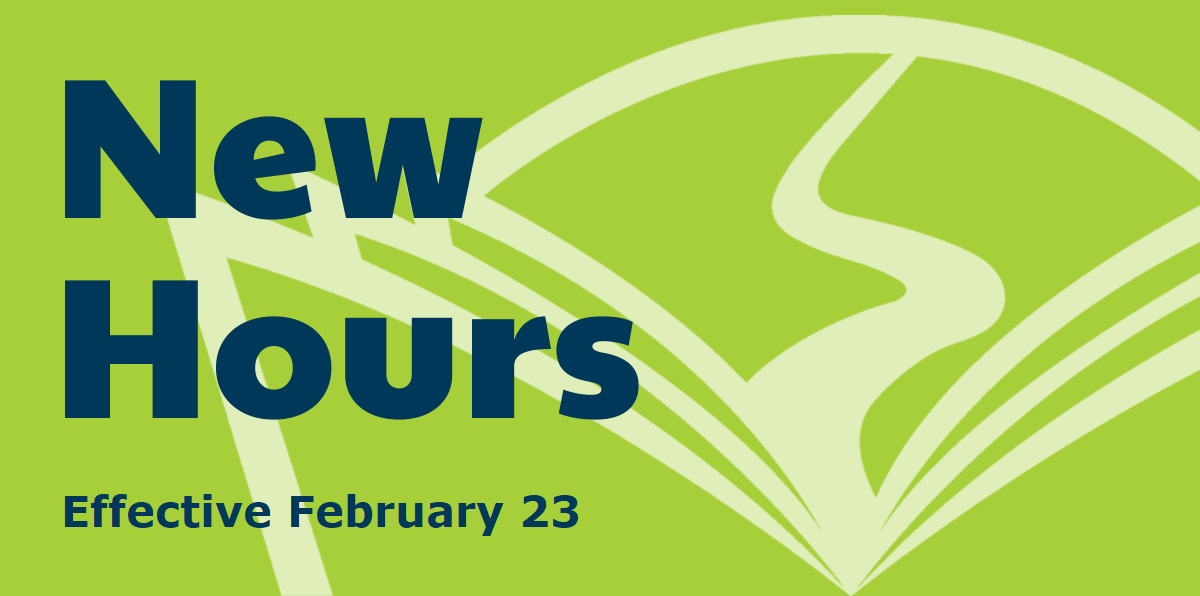 The widget includes the Washoe County Library logo and a grid of the new hours of operation schedule effective February 23.