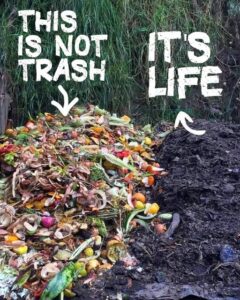 A photo of food scraps next to finished compost humus. With the word, "This is not trash. It's life."