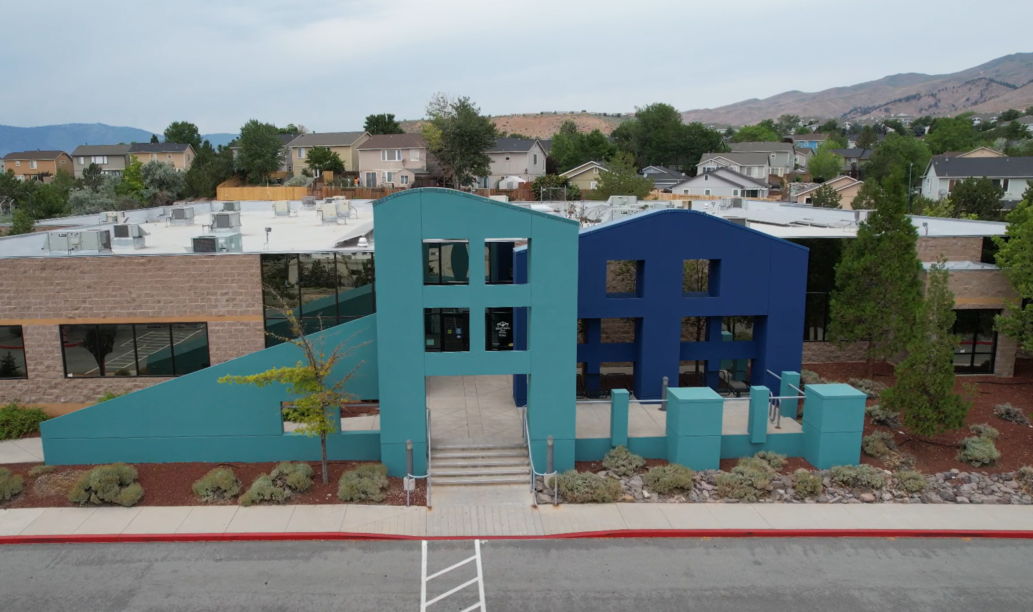 Overhead drone shot of the front entrance of the Northwest Reno Library