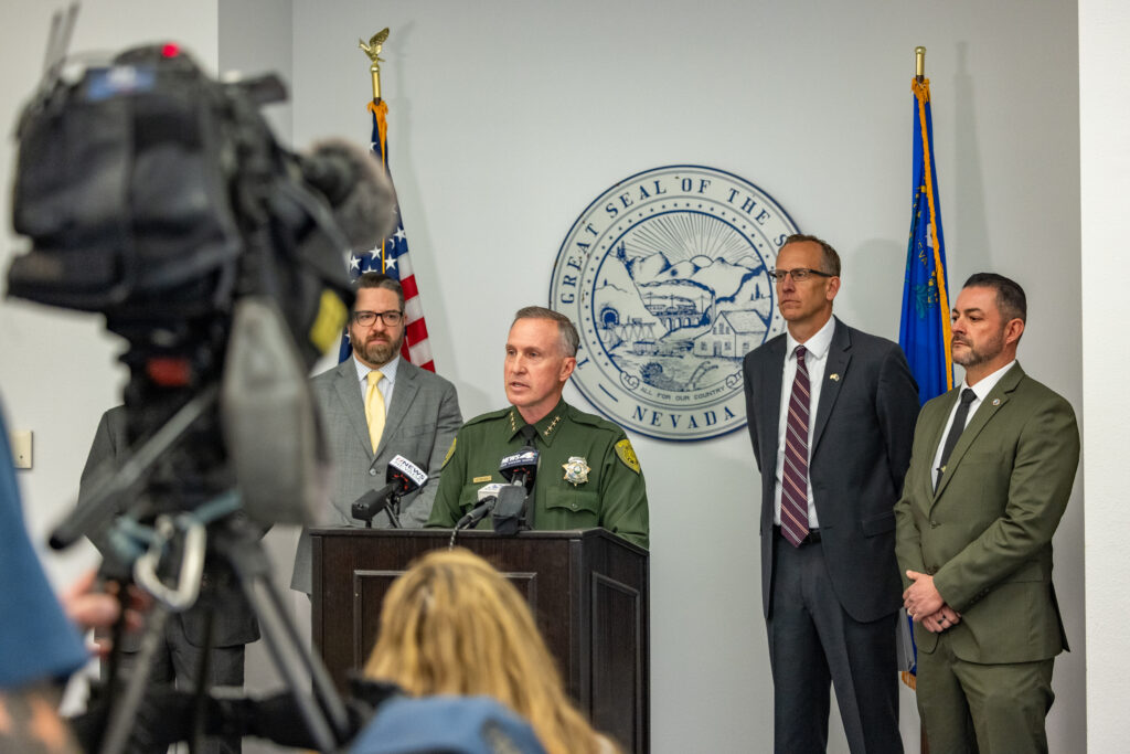 Sheriff Balaam at podium during press conference