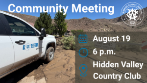 Photo with text saying Community Meeting August 19, 6 p.m., Hidden Valley Country Club