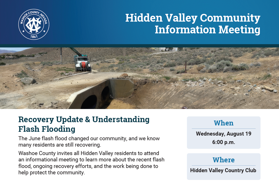 Screenshot 2026-07-30 111435 Flyer for a Hidden Valley community meeting on flood recovery and flash flooding. Aug. 19, 6 p.m., Hidden Valley Country Club. Learn about recovery efforts, drainage, repairs, and resources.