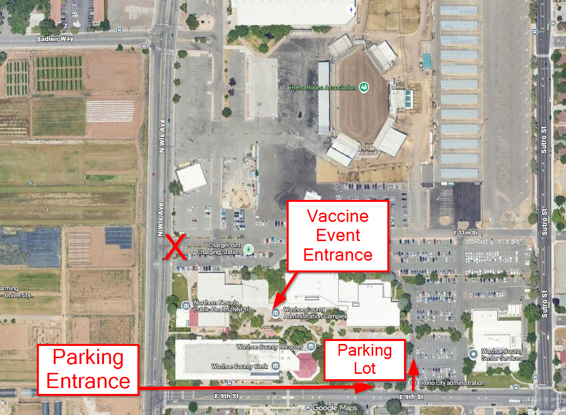 Map of county complex asking residents to use 9th street to enter and not Wells Avenue entrance, which is closed due to construction.