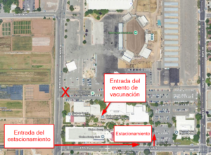 Map of county complex asking residents in Spanish to use 9th street to enter and not Wells Avenue entrance, which is closed due to construction.