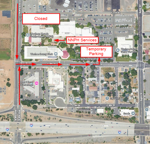 Map of county complex asking residents to park south of the complex. 