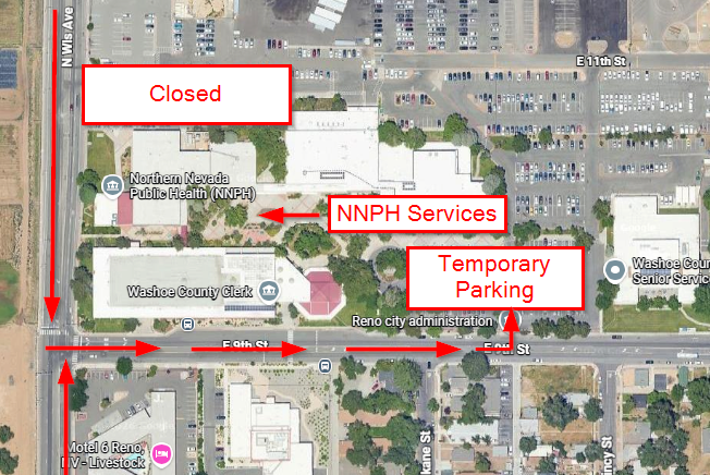 construction map of county complex asking residents to park in the south lot.
