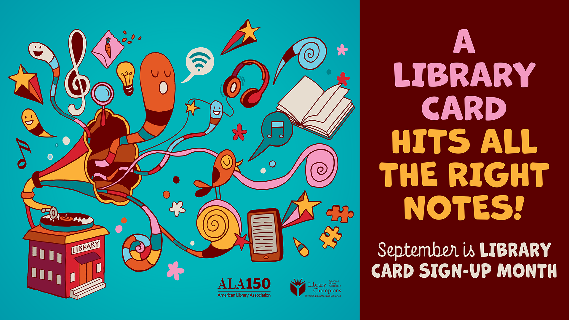 Library Card Sign-Up Month graphic American Library Association widget states A Library Card Hits All the Right Notes! September is Library Card Sign-up Month.